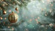 A delicate golden bauble with intricate glittery patterns adorns a frosty blue spruce, with a bokeh of warm lights gently shimmering in the background, evoking a cozy holiday ambiance.
