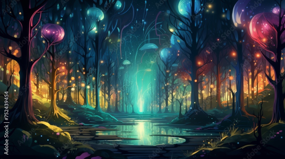 Mystical forest path lit by golden fairy lights entwined around pine ...