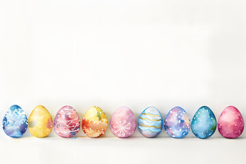 Watercolor cute Easter eggs white blank space white background.