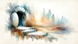 Fototapeta Panele - Resurrection of Jesus. The tomb is discovered to be empty. Life of Jesus. Digital watercolor painting. 