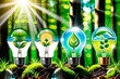 Glühbirnen mit Wassersparsymbolen im grünen Wald mit Sonnenlicht. Saubere erneuerbare Energie, Symbolik für Umweltschutzkonzepte