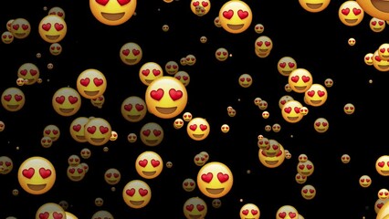 Smiling face with hearts emoticon rainfall animation. social media emoji for editing animated in alpha channel transparent background