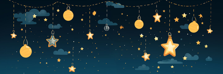 illustration of planets and stars hanging like decorations against deep blue night sky banner backgr
