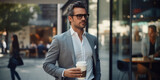 Fototapeta  - A stylish male office worker in a business suit walks down the street with a cup of coffee.