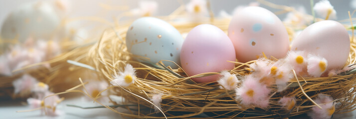 Wall Mural - Colorful Easter eggs in nest with soft bokeh and pink blossoms banner. Panoramic web header. Wide screen wallpaper.