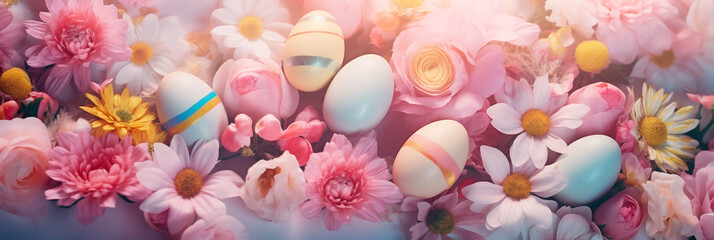 Wall Mural - Decorated Easter eggs mixed with colorful spring flowers on pastel backdrop banner. Panoramic web header. Wide screen wallpaper.