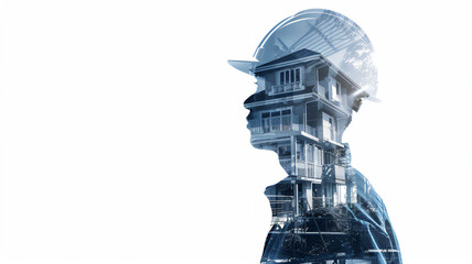 Double exposure of a builder in a working helmet and a house under construction. Generative AI