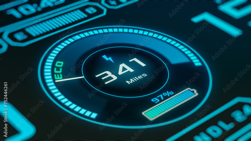 Electric or hybrid car dashboard display, futuristic hud, charging ...