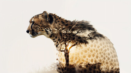 Cheetah on savannah background with double exposure. minimalistic style, white background. Generative AI