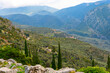 View of Mt Parnassus and the Temple of Athena Pronaia from the Temple of Apollo, at the ancient Greek site of the Oracle, at Delphi, Greece.