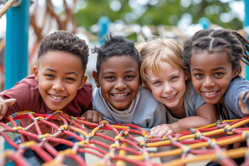 Wall Mural - Kids having a fun time together. Group of diverse Kids playing together on a playground	