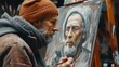 Artist Deeply Engrossed in Drawing a Live Portrait: Capturing Culture and Character on the Street - A Moment of Creative Focus and Expression