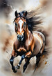 Watercolor.A horse running in the wind with a splash of paint on it's face and body, with its front legs spread out.