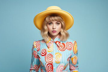 Wall Mural - Studio portrait of blonde young woman in 20s wearing multicolor candy style outfit, yellow hat and stylish blouse isolated on blue background, copy space for text
