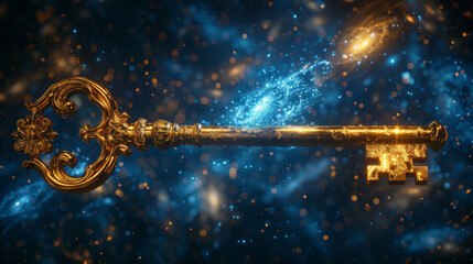 An ornate golden key floating in zero gravity, bathed in blue light, highlighting its age-old mysteries against the backdrop of distant galaxy