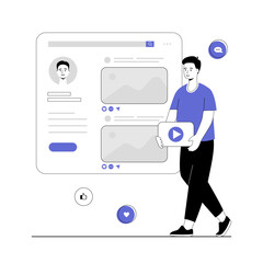 Wall Mural - Influencer posts new photos to online blog, creates content, collects likes and hearts. Social media content marketing. Vector illustration with line people for web design.