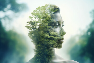 Wall Mural - Creative double exposure portrait of attractive woman with forest environment and conservation concept generative AI