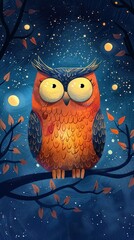 Wall Mural -  Data Privacy owl cartoon analyzing threats in a starry night