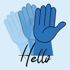 Hello shaky hand. Minimalist hello concept. Blue hand vector illustration.