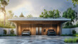 Two modern electronic cars are parked neatly in a stylish garage with batteries and wallboxes, using the power generated by the solar panels on top