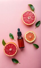 Wall Mural - bottle and flowers pink background , fruit with slices