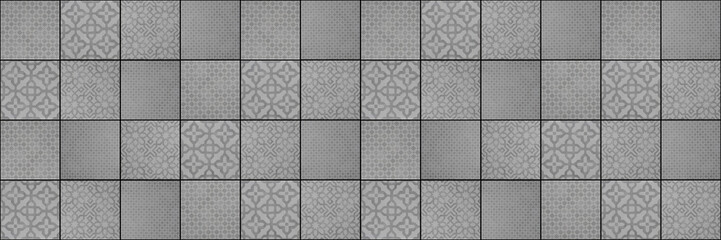 Fototapete - Gray grey stone concrete cement tile texture with square cubes mosaic tiles background panorama banner long, seamless pattern
