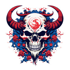 Canvas Print - horned red demon samurai skull, t-shirt illustration, icon, sticker, tattoo, etc