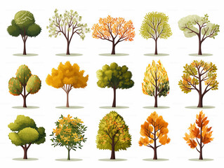 Wall Mural - Watercolor hand drawn set with illustration of autumn colorful deciduous trees isolated on white background. Collection of red, yellow, orange autumn season trees in summer day