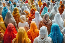 Cultural Festival In India, People Dressed In Colorful Attire, Multicolored Sea Of Women Clad In Traditional Veils, Vibrant Pattern Of Culture And Community In Open. Standing Amidst Bustling Gathering