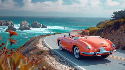 Vintage pink car driving on a scenic coastal road with breathtaking mountain views and a sunny seascape background. Colorful and vibrant vintage travel concept.