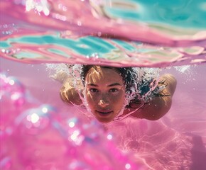 Wall Mural - Underwater portrait of a young beautiful girl close up, yellow color like fabric on her. Water, swimming, rest and beauty