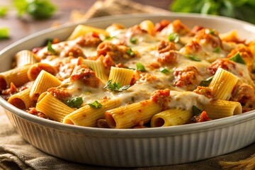 Poster - Rigatoni recién hecho con queso y carne piacada. Pasta italiana con tomate, queso fundido y carne picada. Delicoisa receta italiana.