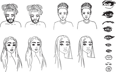 Wall Mural - Set Faces Different Nationalities Afro, Europeans young people guy and girl Linear hand drawing Minimalistic Fashion Illustration Clip Art for Design Afro hairstyle long hair. Eyes, lips comic pop art