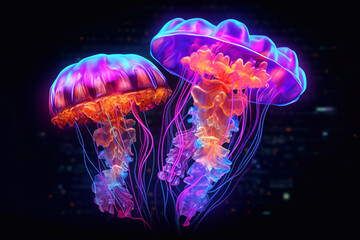 Wall Mural - Jellyfish with neon lighting. Underwater world. Aquarium with jellyfish.