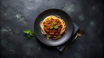Wall Mural - Plano desde arriba de espaguetis a la boloñesa sobre un plato negro. Pasta con carne y tomate triturado. Receta italiana clásica de pasta.