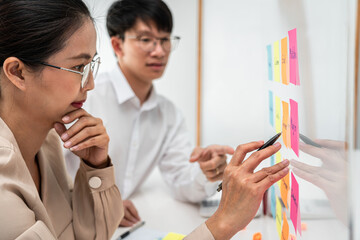 Wall Mural - Two business people brainstorming with new startup project to planning marketing plan together while businesswoman