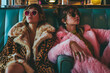 Stylish young women in flashy fur coats and sunglasses embracing mob wife