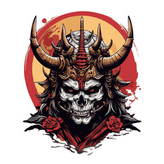 Canvas Print - horned red demon samurai skull, t-shirt illustration, icon, sticker, tattoo, etc