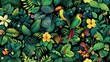 Vibrant tropical rainforest fauna and flora seamless pattern with colorful birds and blooming flowers