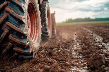 Tractor Wheels covered in mud with field in the backround. Agronomy, farming, husbandry concept