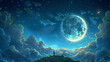 Cartoon round moon on blue sky background