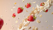Advertising shot of flying oat meal components, milk splashes and flying strawberries with flakes, cereals on neutral background