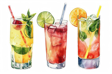 Wall Mural - Set oil painting watercolor fresh natural cocktails for summer season vector illustration on isolated white background