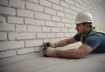 Wall Mural - Worker puts a white brick on a construction site