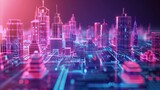 Fototapeta Miasto - Nowoczesne cyfrowe miasto z wieloma wysokimi budynkami i neonowymi światłami styl cyberpunk