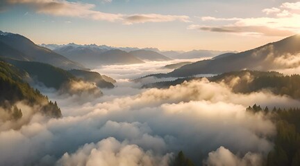 morning mist over the valley among the mountains in the sunlight