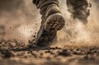 Close up of a boot stepping on dry soil, creating a dust cloud.