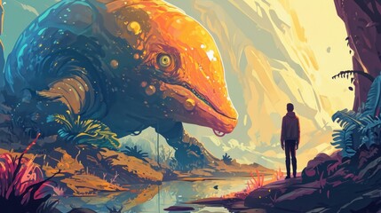 Poster - A man stands face to face with a large orange dinosaur in a prehistoric setting. A man stands to the right of the image and looks at the dinosaur.