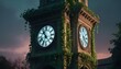 A Highly Realistic Vintage Photo Of A Clock Tower Entwined With Luminous Ivy  Its Leaves Flickering With Bioluminescent Light At Dusk (3)