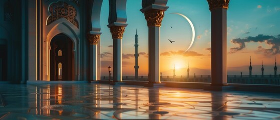 3d illustration of mosque at sunset, Ramadan Kareem background.